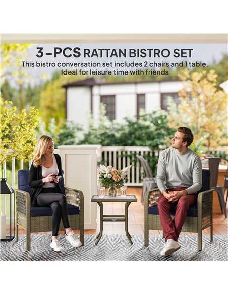 Outsunny 3 Pieces Rattan Bistro Set with Glass Top Coffee Table, Chairs and Cushions for Outdoor, Patio, Balcony, Charcoal Grey - pic 156564 | FastDaddyshop