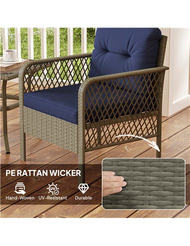 Outsunny 3 Pieces Rattan Bistro Set with Glass Top Coffee Table, Chairs and Cushions for Outdoor, Patio, Balcony, Charcoal Grey