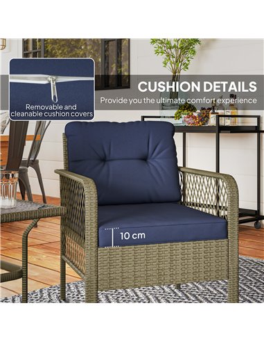Outsunny 3 Pieces Rattan Bistro Set with Glass Top Coffee Table, Chairs and Cushions for Outdoor, Patio, Balcony, Charcoal Grey