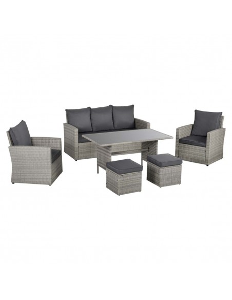 Outsunny 6 Pieces Outdoor PE Rattan Furniture Set with Three-seat Armchairs, Footstools, Dining Table, Grey - pic 15657 | FastDaddyshop