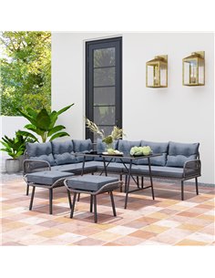 Outsunny 6 Piece Rattan Garden Furniture Set, 8 Seater Garden Corner Sofa with Cushions and Glass Top Table, Sectional Outdoor F 2