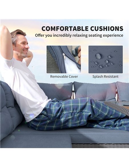 Outsunny 6 Piece Rattan Garden Furniture Set, 8 Seater Garden Corner Sofa with Cushions and Glass Top Table, Sectional Outdoor F - pic 156575 | FastDaddyshop