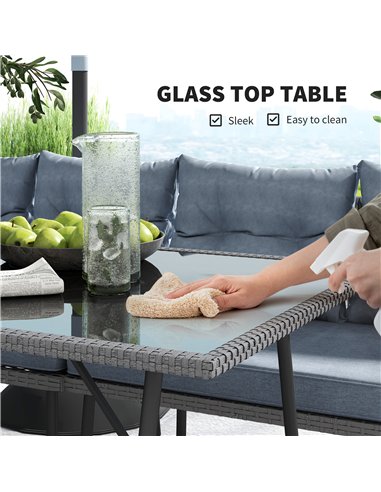 Outsunny 6 Piece Rattan Garden Furniture Set, 8 Seater Garden Corner Sofa with Cushions and Glass Top Table, Sectional Outdoor F
