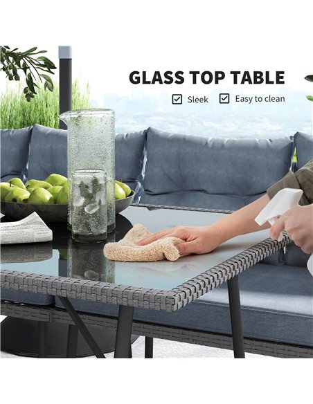 Outsunny 6 Piece Rattan Garden Furniture Set, 8 Seater Garden Corner Sofa with Cushions and Glass Top Table, Sectional Outdoor F - pic 156576 | FastDaddyshop