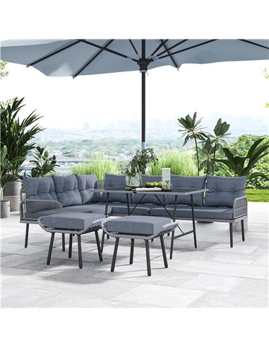 Outsunny 6 Piece Rattan Garden Furniture Set, 8 Seater Garden Corner Sofa with Cushions and Glass Top Table, Sectional Outdoor F
