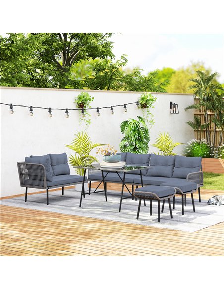Outsunny 6 Piece Rattan Garden Furniture Set, 8 Seater Garden Corner Sofa with Cushions and Glass Top Table, Sectional Outdoor F - pic 156578 | FastDaddyshop