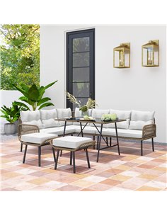 Outsunny 6 Piece Rattan Garden Furniture Set, 8 Seater Garden Corner Sofa with Cushions and Glass Top Table, Sectional Outdoor F 2
