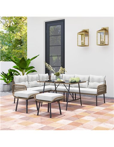 Outsunny 6 Piece Rattan Garden Furniture Set, 8 Seater Garden Corner Sofa with Cushions and Glass Top Table, Sectional Outdoor F