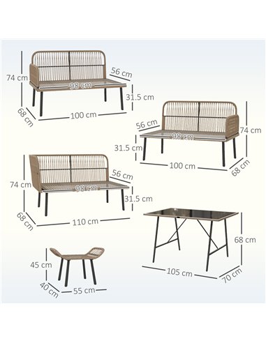 Outsunny 6 Piece Rattan Garden Furniture Set, 8 Seater Garden Corner Sofa with Cushions and Glass Top Table, Sectional Outdoor F