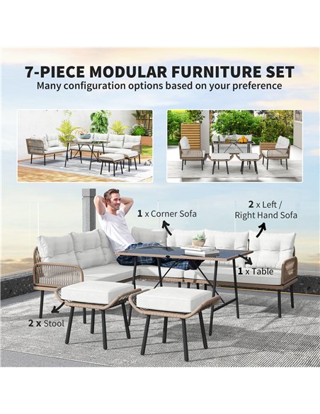 Outsunny 6 Piece Rattan Garden Furniture Set, 8 Seater Garden Corner Sofa with Cushions and Glass Top Table, Sectional Outdoor F - pic 156591 | FastDaddyshop