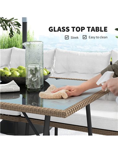 Outsunny 6 Piece Rattan Garden Furniture Set, 8 Seater Garden Corner Sofa with Cushions and Glass Top Table, Sectional Outdoor F