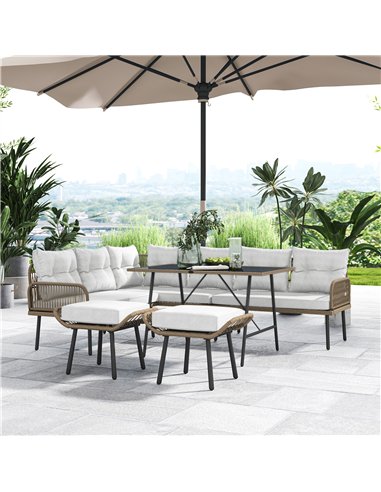 Outsunny 6 Piece Rattan Garden Furniture Set, 8 Seater Garden Corner Sofa with Cushions and Glass Top Table, Sectional Outdoor F