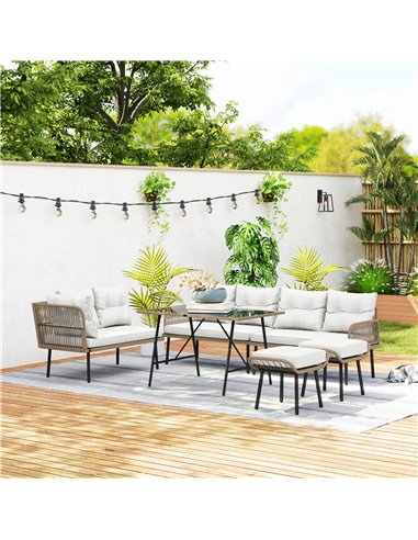 Outsunny 6 Piece Rattan Garden Furniture Set, 8 Seater Garden Corner Sofa with Cushions and Glass Top Table, Sectional Outdoor F