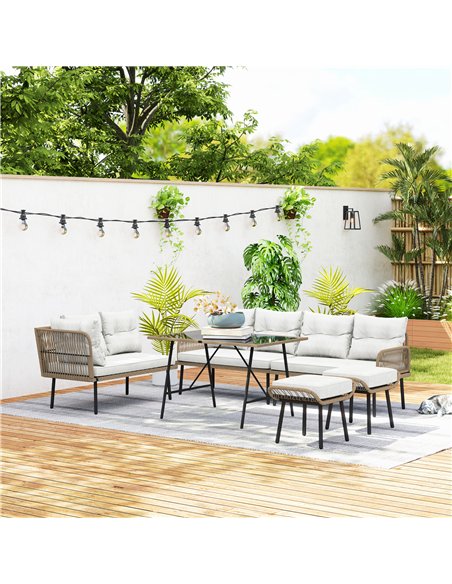 Outsunny 6 Piece Rattan Garden Furniture Set, 8 Seater Garden Corner Sofa with Cushions and Glass Top Table, Sectional Outdoor F - pic 156596 | FastDaddyshop