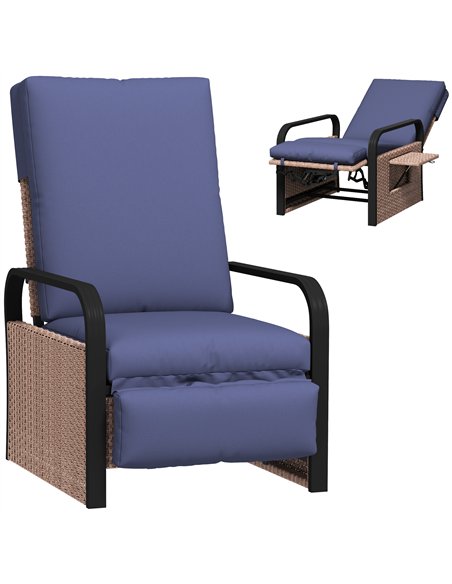 Outsunny 140° Reclining Rattan Armchair - Brown/Blue - pic 156597 | FastDaddyshop