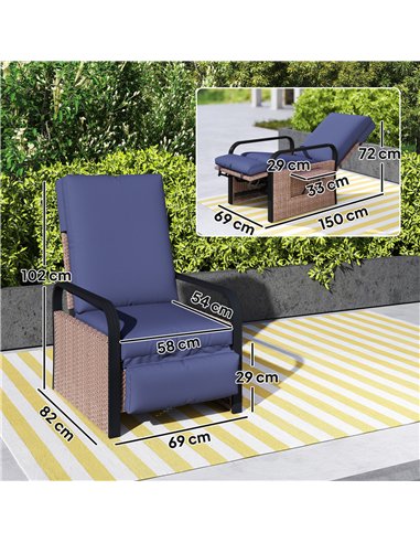 Outsunny 140° Reclining Rattan Armchair - Brown/Blue