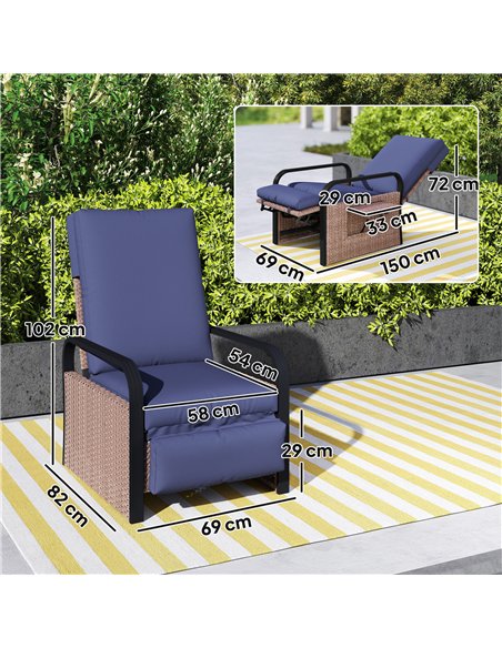 Outsunny 140° Reclining Rattan Armchair - Brown/Blue - pic 156599 | FastDaddyshop