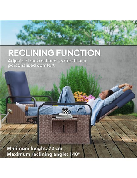 Outsunny 140° Reclining Rattan Armchair - Brown/Blue - pic 156600 | FastDaddyshop