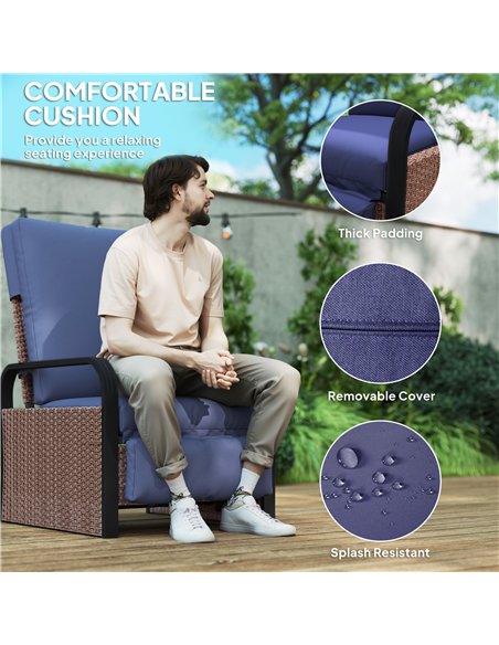 Outsunny 140° Reclining Rattan Armchair - Brown/Blue - pic 156602 | FastDaddyshop