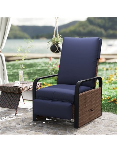 Outsunny 140° Reclining Rattan Armchair - Brown/Blue