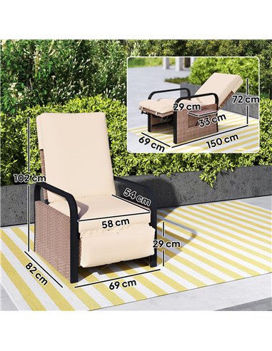 Outsunny 140° Reclining Rattan Armchair - Brown/Khaki