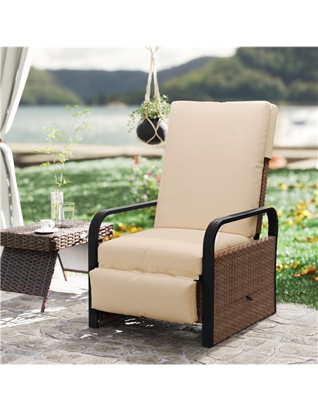 Outsunny 140° Reclining Rattan Armchair - Brown/Khaki - pic 156614 | FastDaddyshop