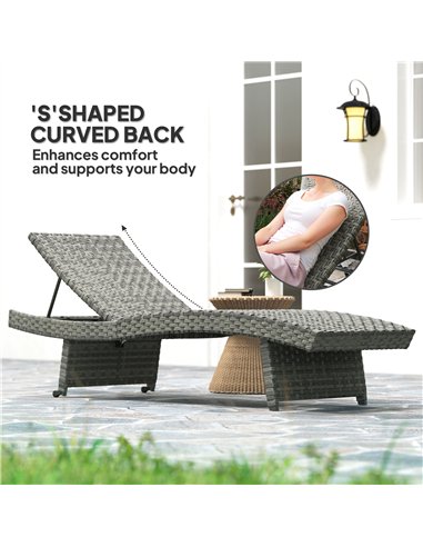 Outsunny Outdoor PE Rattan Sun Lounger, Folding Wicker Garden Lounger Recliner with 4-Level Adjustable Backrest, Rolling Sunbed 