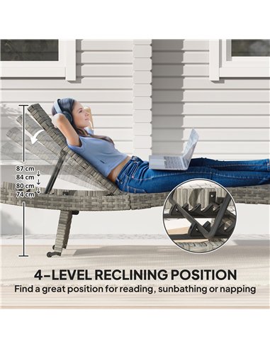 Outsunny Outdoor PE Rattan Sun Lounger, Folding Wicker Garden Lounger Recliner with 4-Level Adjustable Backrest, Rolling Sunbed 
