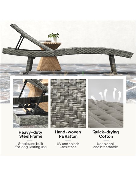 Outsunny Outdoor PE Rattan Sun Lounger, Folding Wicker Garden Lounger Recliner with 4-Level Adjustable Backrest, Rolling Sunbed  - pic 156640 | FastDaddyshop