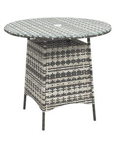 Outsunny Wicker Garden Rattan Table, Patio Furniture Outdoor Coffee Table with Umbrella Hole and Tempered Glass Top, Grey