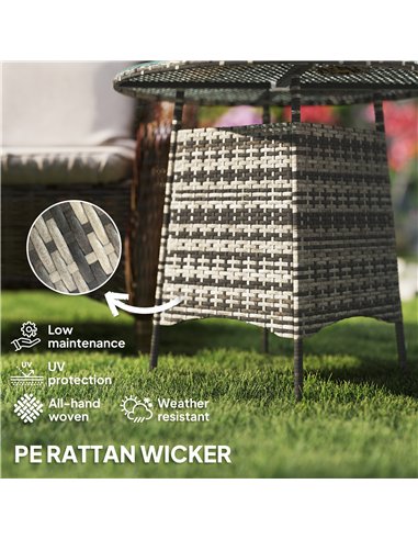 Outsunny Wicker Garden Rattan Table, Patio Furniture Outdoor Coffee Table with Umbrella Hole and Tempered Glass Top, Grey