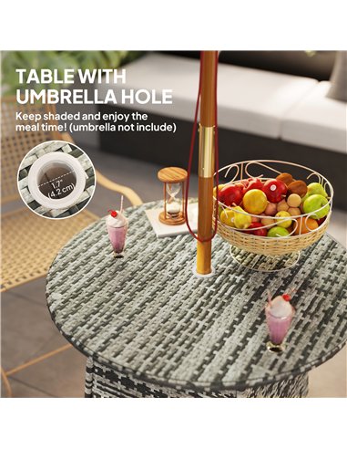 Outsunny Wicker Garden Rattan Table, Patio Furniture Outdoor Coffee Table with Umbrella Hole and Tempered Glass Top, Grey