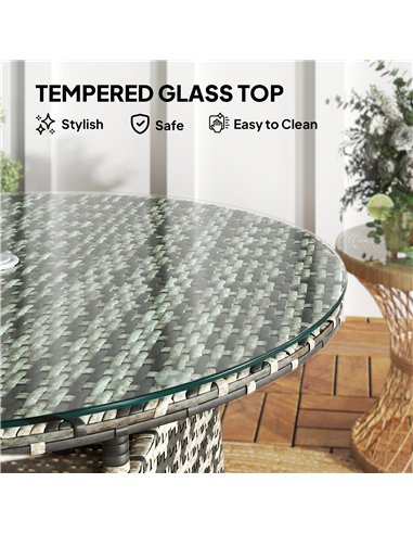 Outsunny Wicker Garden Rattan Table, Patio Furniture Outdoor Coffee Table with Umbrella Hole and Tempered Glass Top, Grey