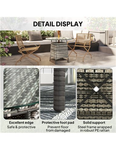 Outsunny Wicker Garden Rattan Table, Patio Furniture Outdoor Coffee Table with Umbrella Hole and Tempered Glass Top, Grey