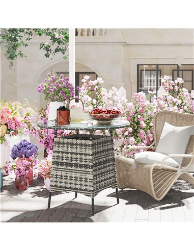 Outsunny Wicker Garden Rattan Table, Patio Furniture Outdoor Coffee Table with Umbrella Hole and Tempered Glass Top, Grey