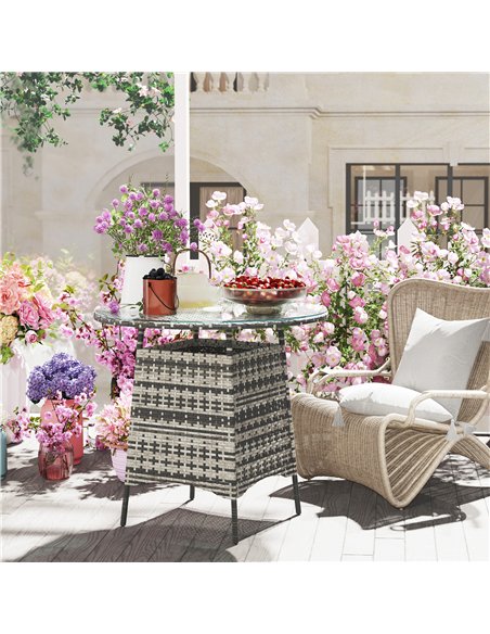 Outsunny Wicker Garden Rattan Table, Patio Furniture Outdoor Coffee Table with Umbrella Hole and Tempered Glass Top, Grey - pic 156650 | FastDaddyshop