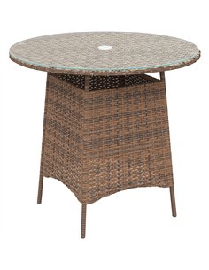 Outsunny Wicker Garden Rattan Table, Patio Furniture Outdoor Coffee Table with Umbrella Hole and Tempered Glass Top, Brown