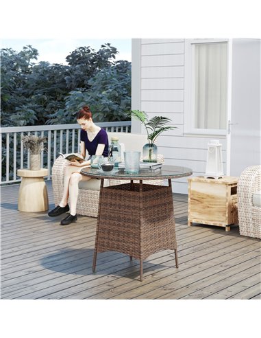 Outsunny Wicker Garden Rattan Table, Patio Furniture Outdoor Coffee Table with Umbrella Hole and Tempered Glass Top, Brown
