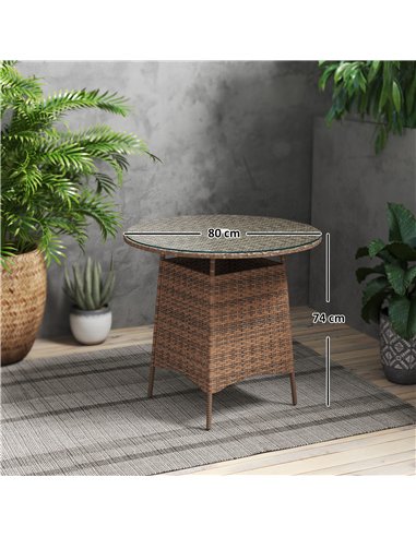Outsunny Wicker Garden Rattan Table, Patio Furniture Outdoor Coffee Table with Umbrella Hole and Tempered Glass Top, Brown