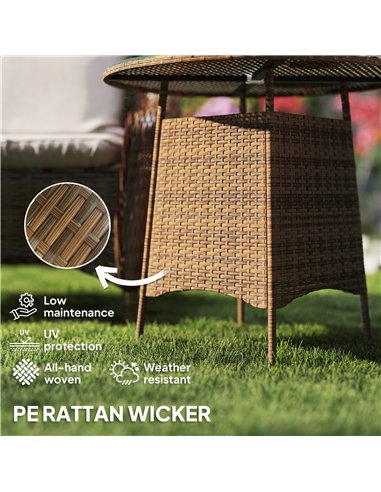 Outsunny Wicker Garden Rattan Table, Patio Furniture Outdoor Coffee Table with Umbrella Hole and Tempered Glass Top, Brown