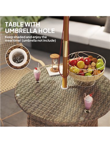 Outsunny Wicker Garden Rattan Table, Patio Furniture Outdoor Coffee Table with Umbrella Hole and Tempered Glass Top, Brown