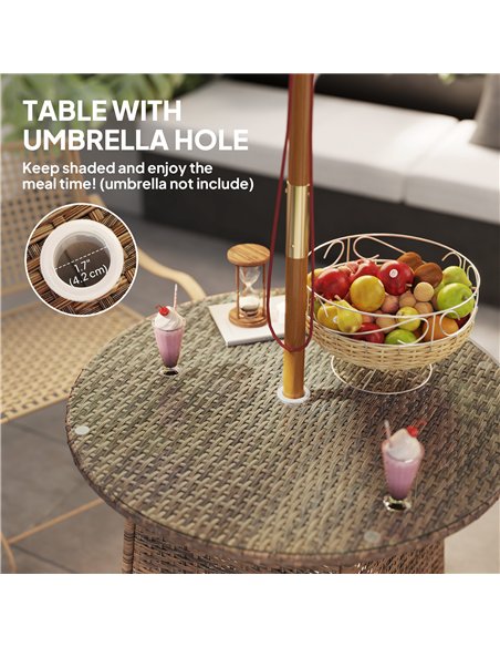 Outsunny Wicker Garden Rattan Table, Patio Furniture Outdoor Coffee Table with Umbrella Hole and Tempered Glass Top, Brown - pic 156655 | FastDaddyshop