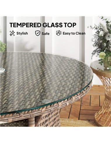 Outsunny Wicker Garden Rattan Table, Patio Furniture Outdoor Coffee Table with Umbrella Hole and Tempered Glass Top, Brown
