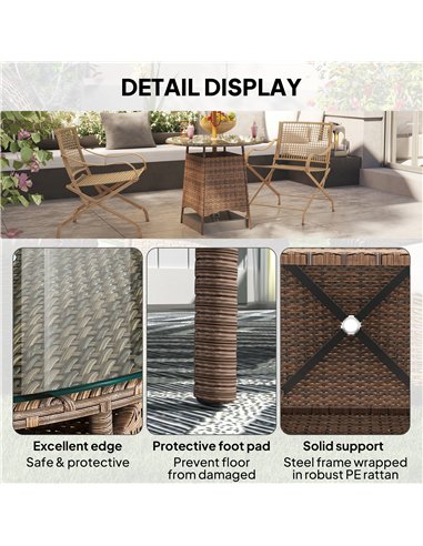 Outsunny Wicker Garden Rattan Table, Patio Furniture Outdoor Coffee Table with Umbrella Hole and Tempered Glass Top, Brown
