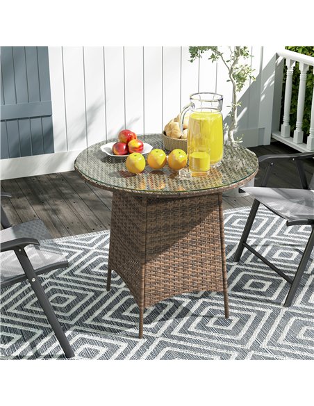 Outsunny Wicker Garden Rattan Table, Patio Furniture Outdoor Coffee Table with Umbrella Hole and Tempered Glass Top, Brown - pic 156658 | FastDaddyshop