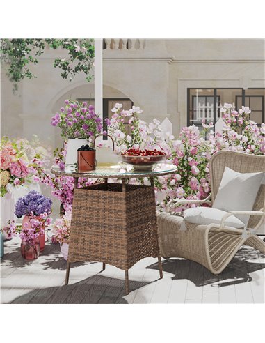 Outsunny Wicker Garden Rattan Table, Patio Furniture Outdoor Coffee Table with Umbrella Hole and Tempered Glass Top, Brown