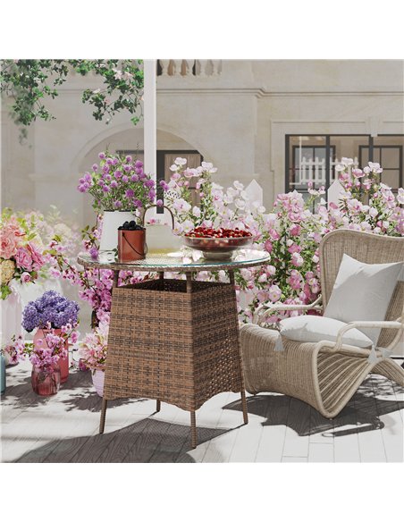 Outsunny Wicker Garden Rattan Table, Patio Furniture Outdoor Coffee Table with Umbrella Hole and Tempered Glass Top, Brown - pic 156659 | FastDaddyshop