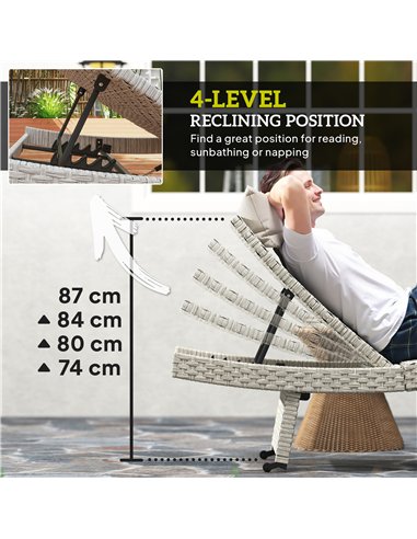 Outsunny Outdoor PE Rattan Sun Lounger, Folding Wicker Garden Lounger Recliner with 4-Level Adjustable Backrest, Rolling Sunbed 