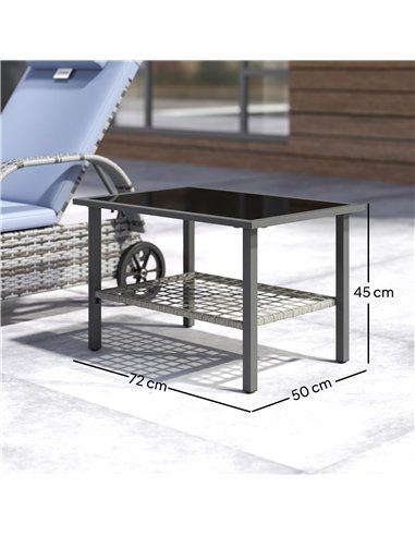 Outsunny Outdoor Rattan Coffee Table with Tempered Glass Top, Storage Shelf, Foot Pads, for Patio, Balcony, Mixed-grey