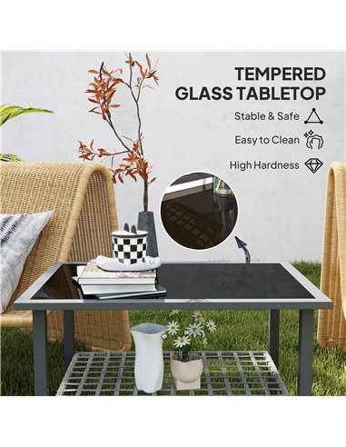 Outsunny Outdoor Rattan Coffee Table with Tempered Glass Top, Storage Shelf, Foot Pads, for Patio, Balcony, Mixed-grey